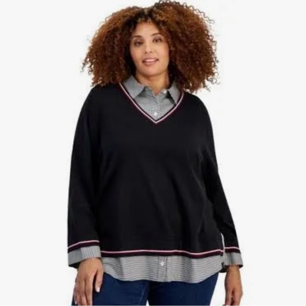 Tommy Hilfiger Black V-Neck Sweater with Red Trim